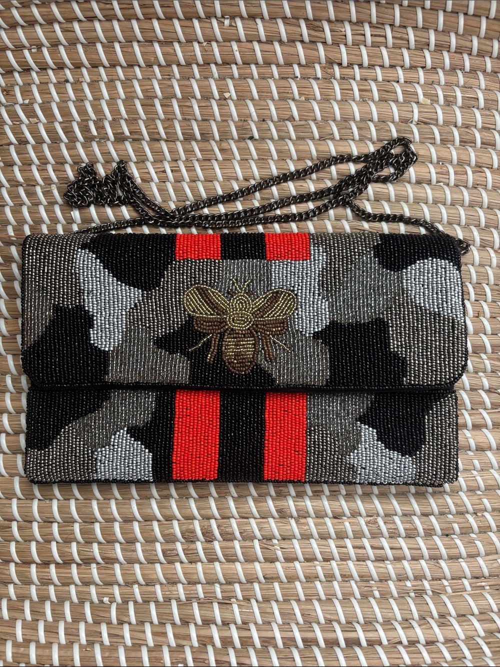 Source Unknown Beaded Camouflage Clutch with Red Stripes and Gold Bee